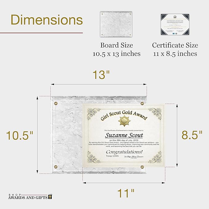 SHOP AWARDS AND GIFTS 8.5 x 11 Certificate Frame Holder, Slide in Wall Plaque Display, 10.5 x 13 Inch Board, White