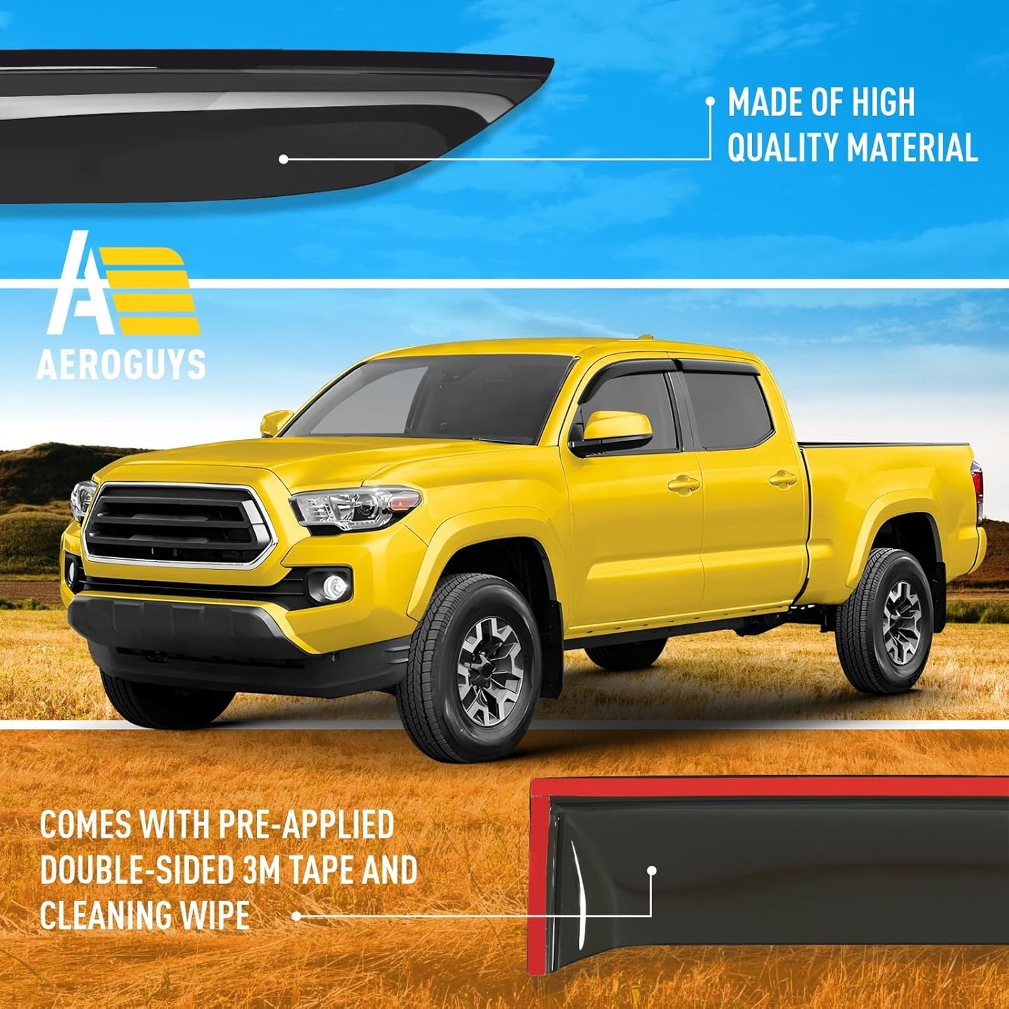 Extra Durable Window Deflectors Tape-On Window Visors Rain Guards Fit for Toyota Tacoma 2016-2023 Double Cab, Sun Visors, Wind Vent for Shades, Exterior Car Accessories - 4pcs. AG0743