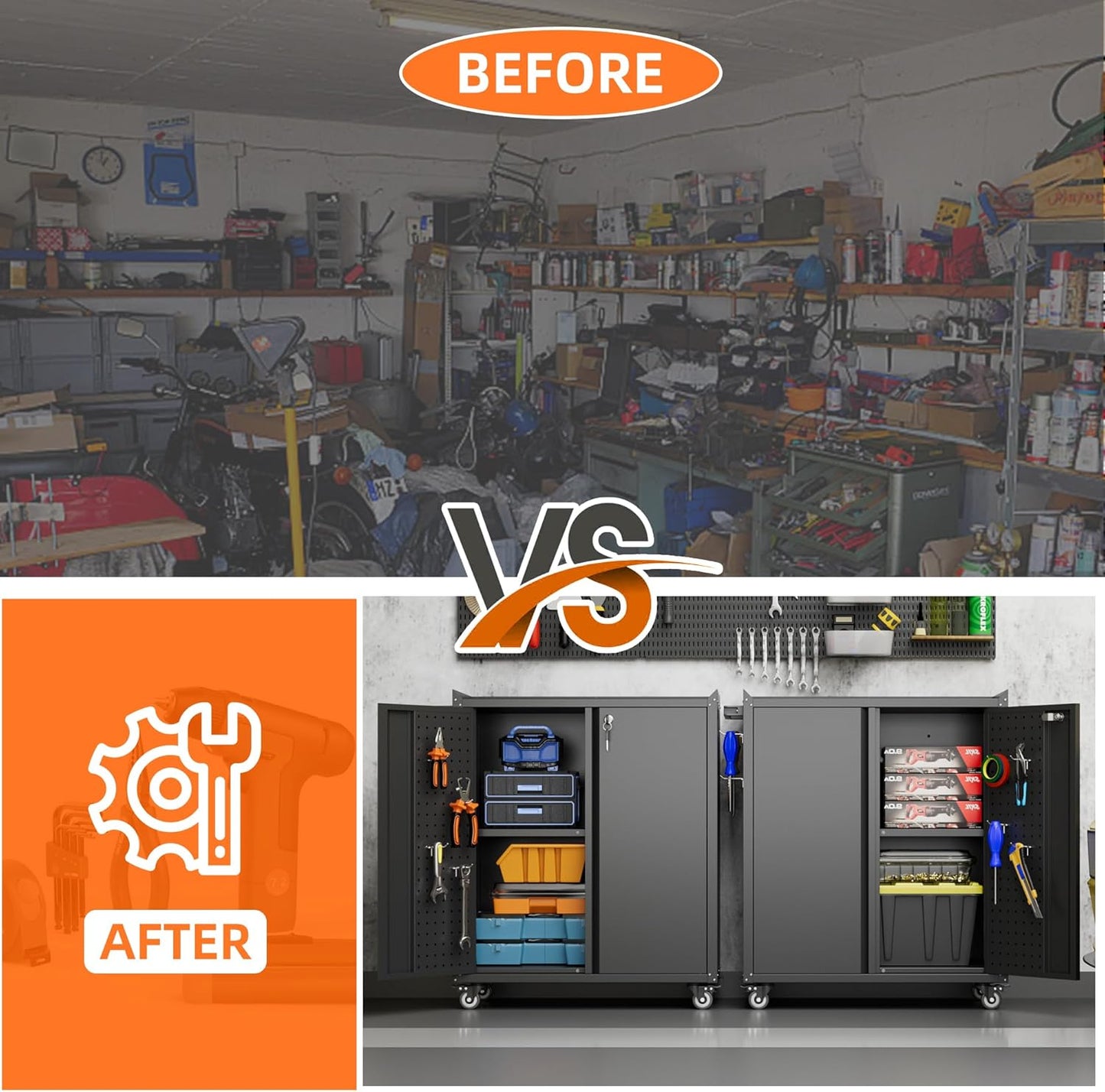 Garage Storage Cabinet with Wheels & Pegboard, 34.3" H Locking Metal Tool Storage Cabinet with Doors and Shelf & 4 Hooks for Garage, Home, Workshops, Assembly Required, Black