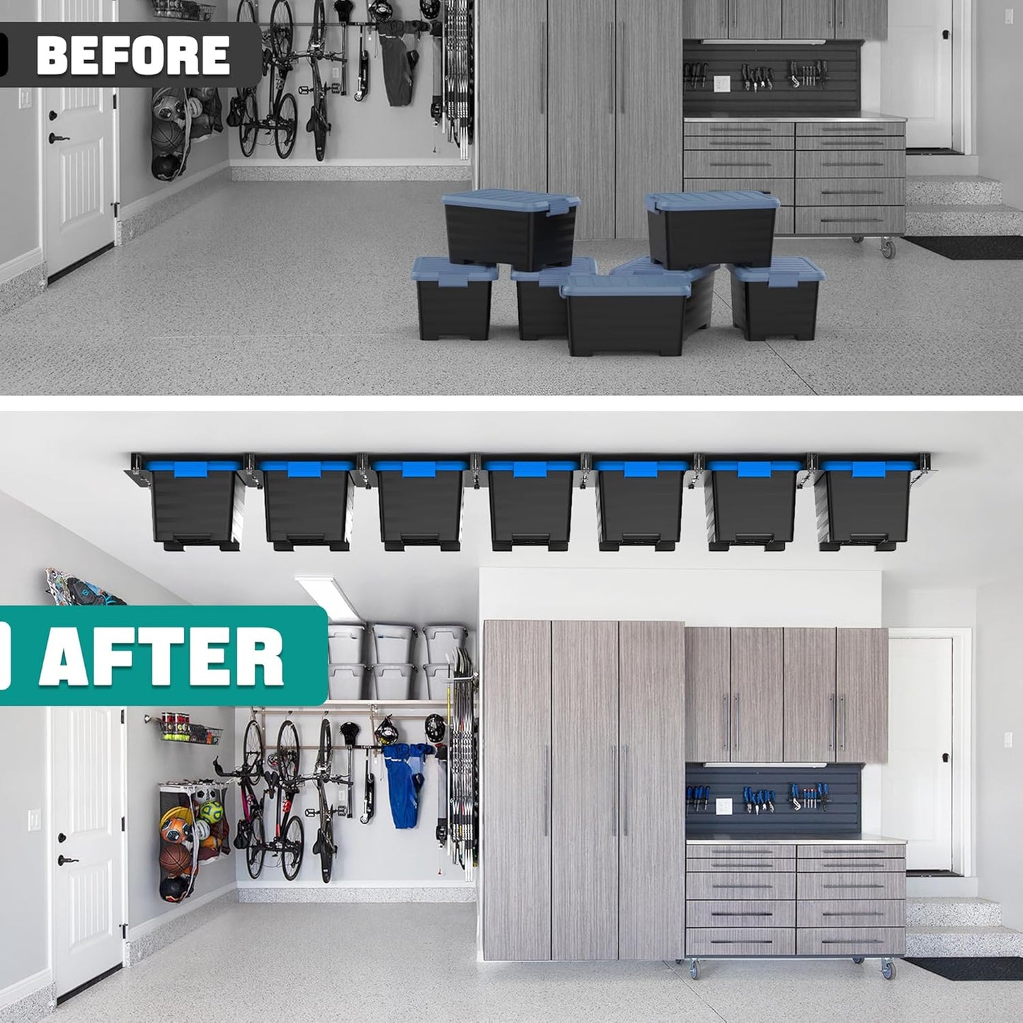 EVERHANGER Ceiling Storage Rack, Heavy Duty Overhead Storage Rack for Garage, Adjustable Ceiling Bin Storage System, 8 Sets for 7 Bins, 16 Inch