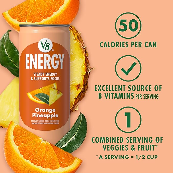 V8 Energy Orange Pineapple Energy Drink, 8 fl oz Can (24 Pack)
