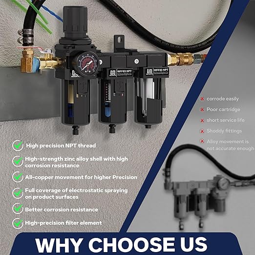 NEWPO 3/8" NPT 3 Stage Air Dryer for Compressor, Air Drying System with 5&0.01 Micron Filter Cartridge,Desiccant Dryer & Air Regulator, Metal Bowl Semi-Auto Drain