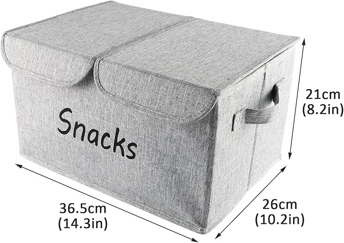 Snack Organizer for Pantry Shelf, Fabric Snack Organizer with Double Lids & Handles, Large 2-Compartment Snack Bin Snack Holder, Snack Basket for Chips Packets, Snack Bar Station Decor-Grey