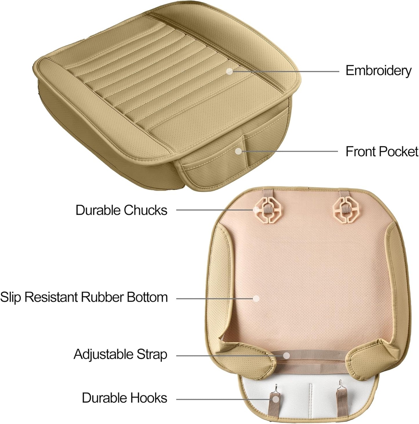 2pc Edge Wrapping Comfortable Car Front Seat Covers, Seat Protectors, Anti-Slip Bottom Seat Cushion Covers for Auto with PU Leather(Beige)