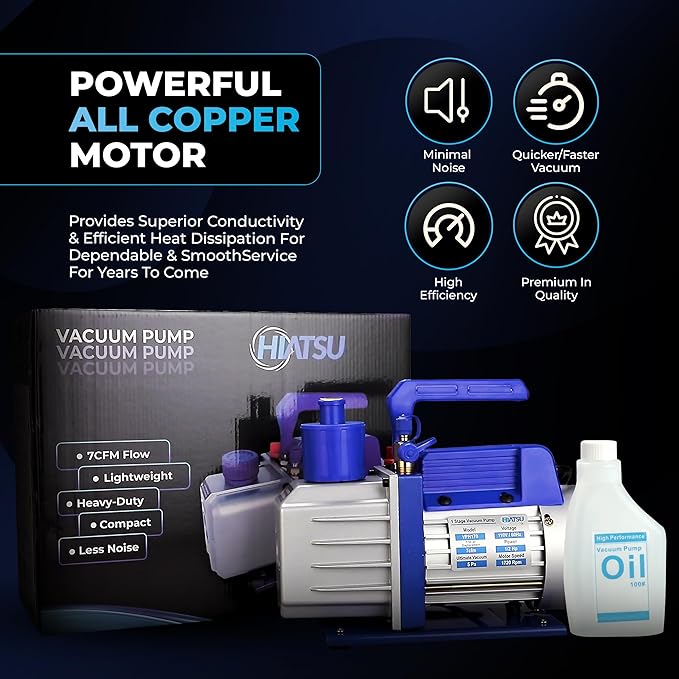 7 CFM Vacuum Pump for AC System - HVAC Vacuum Pump - 1/2 HP Automotive AC Vacuum Pump - 110V/60Hz Air Conditioning Vacuum Pumps Mini Split