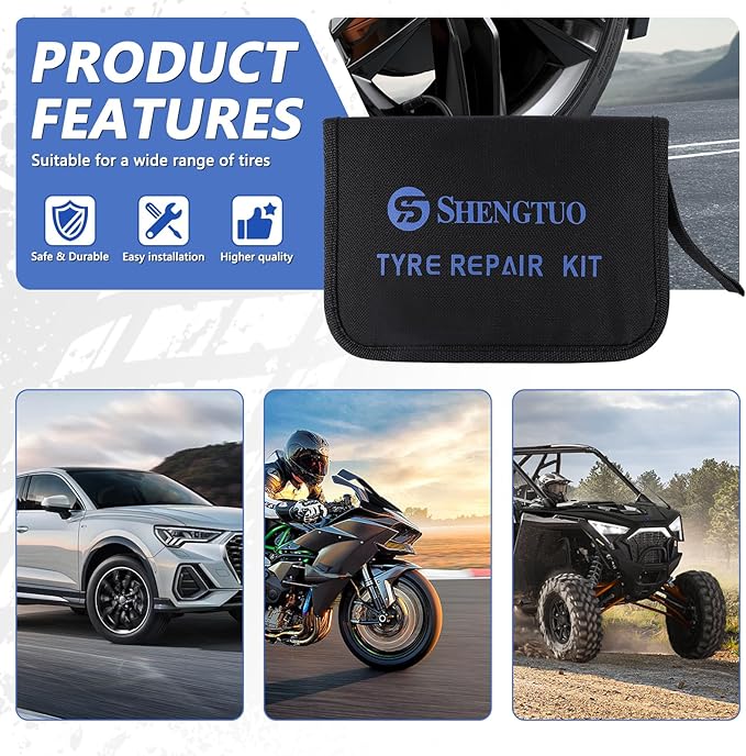 Universal Portable Tire Repair Kit 62PCS - Easy to Use and Well Packaged, Ideal for Emergency Situations Perfect for Car, Autos, ATV, UTV, Truck, Motorcycle, RV, etc.