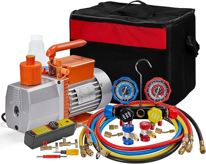 SUNROAD HVAC Air Vacuum Pump Set, 5 CFM 1/2HP A/C Refrigeration AC Manifold Gauge Kit for R410A R134a R12 R22 R502 Auto Air Conditioning Refrigeration Recharging