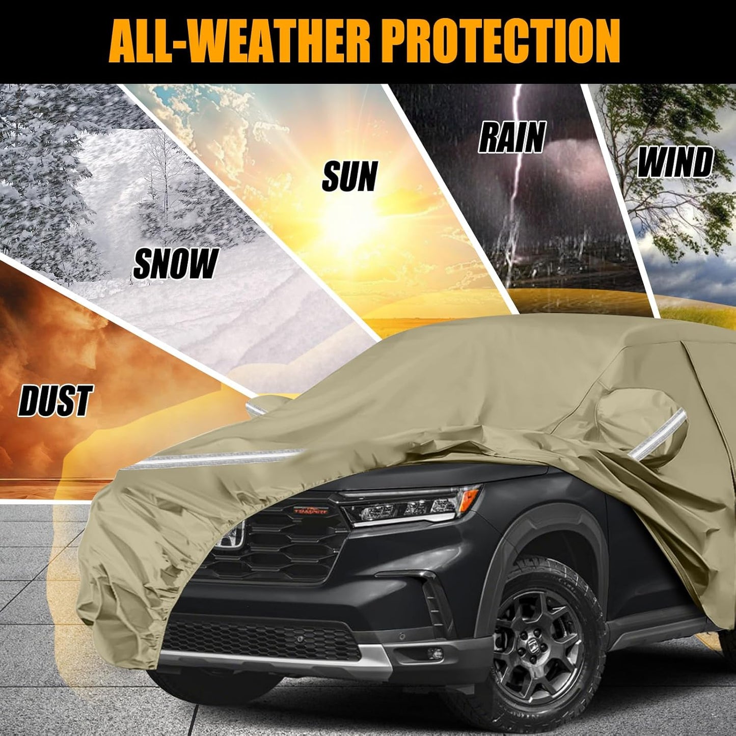Waterproof Car Covers Replace for 2002-2025 Honda Pilot, Multilayer Heavy Duty with Cotton Liner All Weather Custom-fit Car Cover with Zipper Door, Windproof Bands for Snow Rain Dust Protection