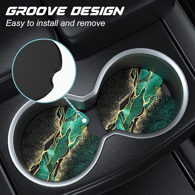 Car Cup Holder Coasters, 2 Pack Universal Auto Anti Slip Insert Coaster with A Finger Notch, Cute Car Assecories for Women Men, Cup Mat for Most Interior, Luxury Teal Marble
