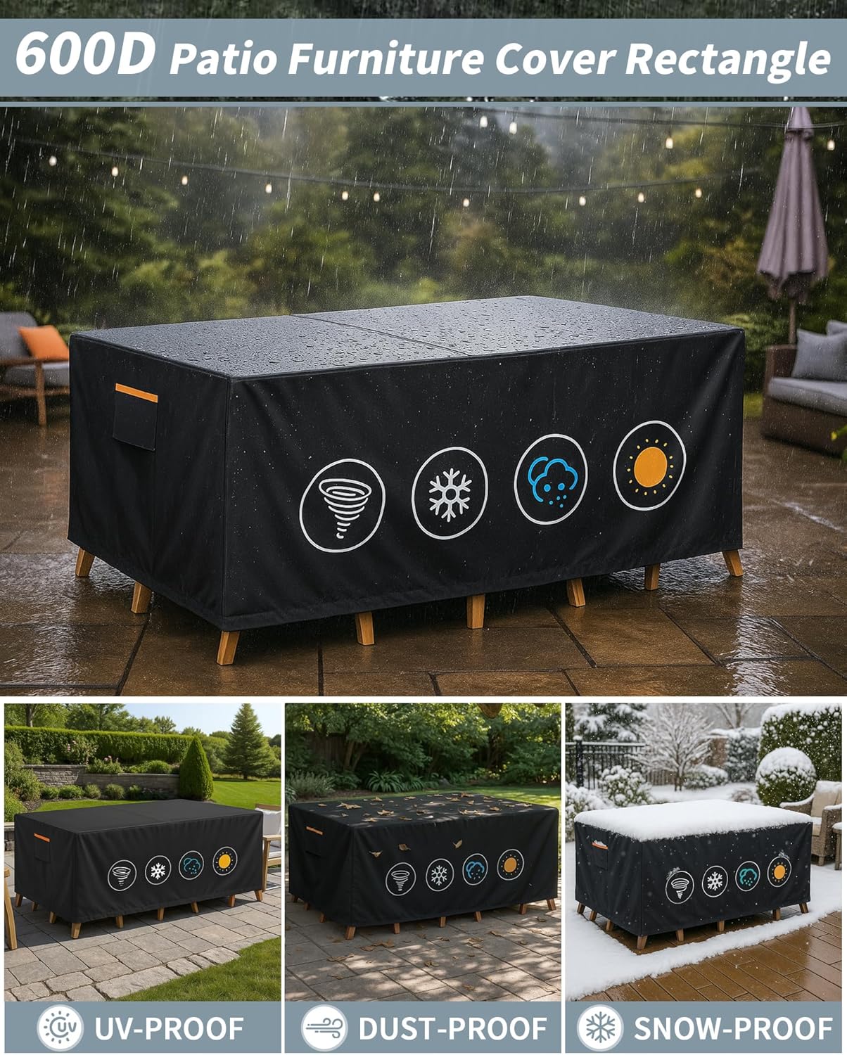 Outdoor Waterproof Furniture Cover, 136W x 74L x 28H inches Heavy Duty 600D Rectangular Table and Chair Set Protection, Black