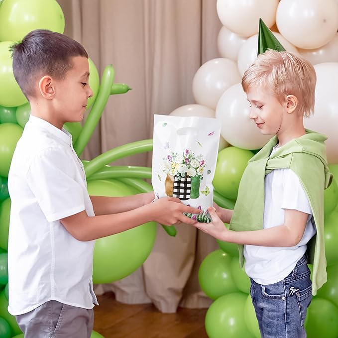 Tulip Party Favor Bags - 50Pcs Spring Tulip Eucalyptus Leaves Camellia Goody Candy Treat Gifts Bags, Spring Floral Theme Party Decorations for Girls Women Birthday Wedding Bridal Shower Supplies