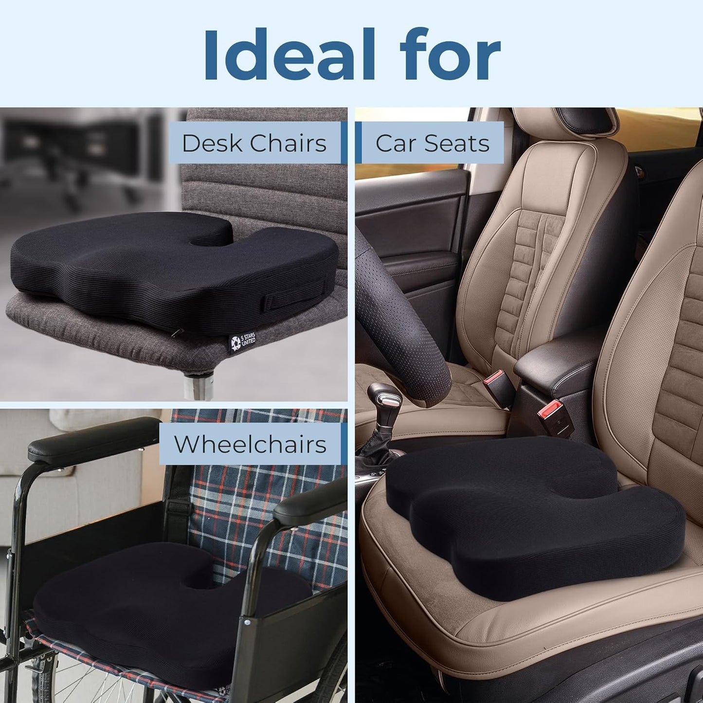 5 STARS UNITED Seat Cushion for Tailbone Pain Relief โ Memory Foam Lifting Pillow for Coccyx, Hip, Hemorrhoid, Sciatica & Post-Surgery Recovery โ Wheelchair, Car, Desk, Gaming & Office Chairs, L Gray