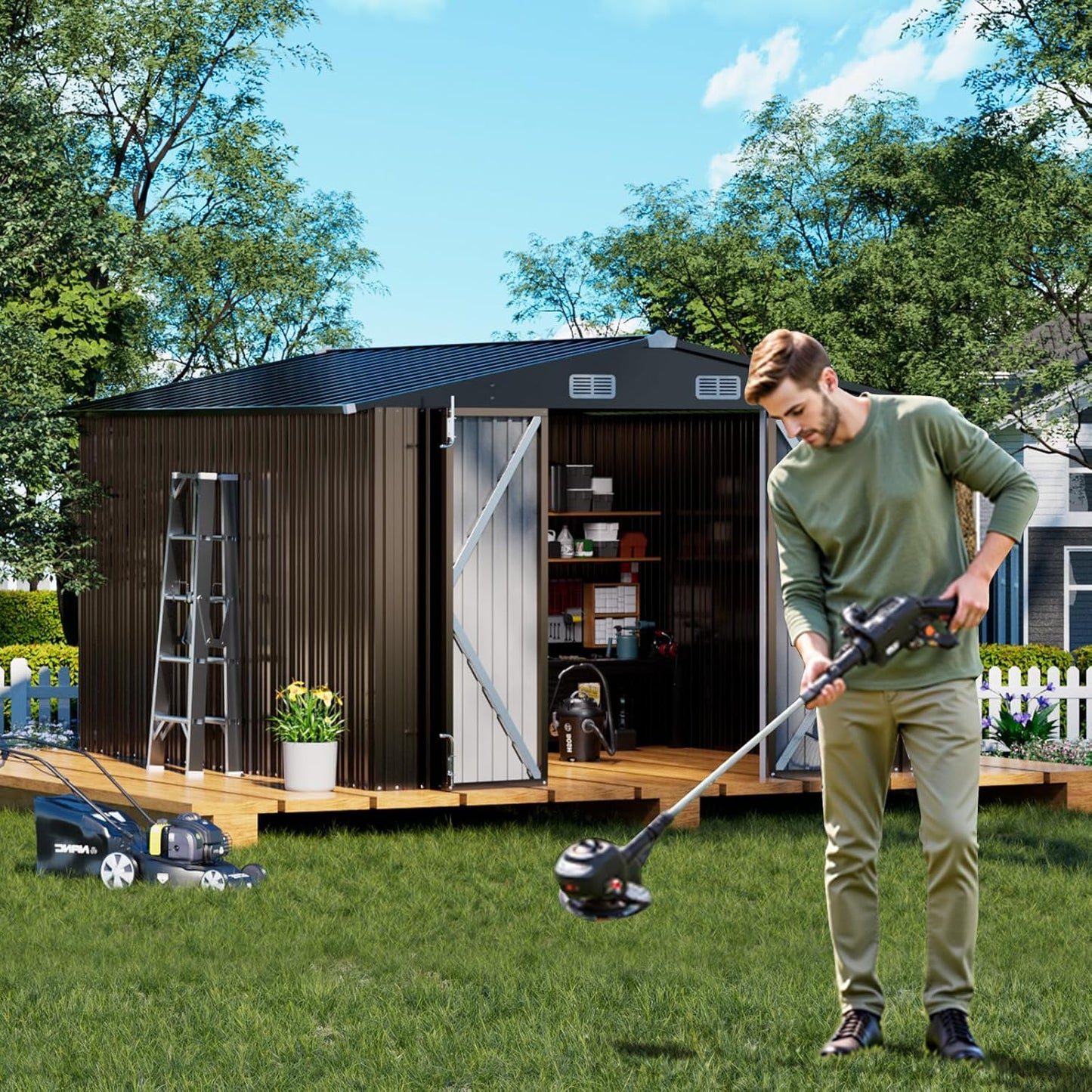 COMHOMA Shed Outdoor Storage Shed Metal,Lockable Doors Tool Sheds with Sloping Roof,Steel Garden Shed with Air Vent for Backyard,Patio,Lawn,Poolside (Brown, 10'*12')