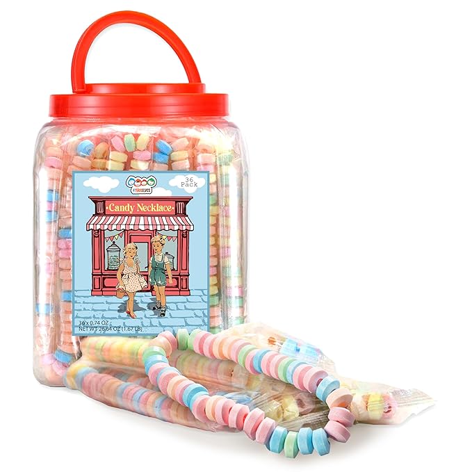36 Candy Necklaces Individually Wrapped, Choker Style, Nostalgic Pastel Candy Jewelry Perfect for Party Favors, Pinata Fillers and Goodie Bags, Packed in a Convenient Display Tub, By 4YoreElves