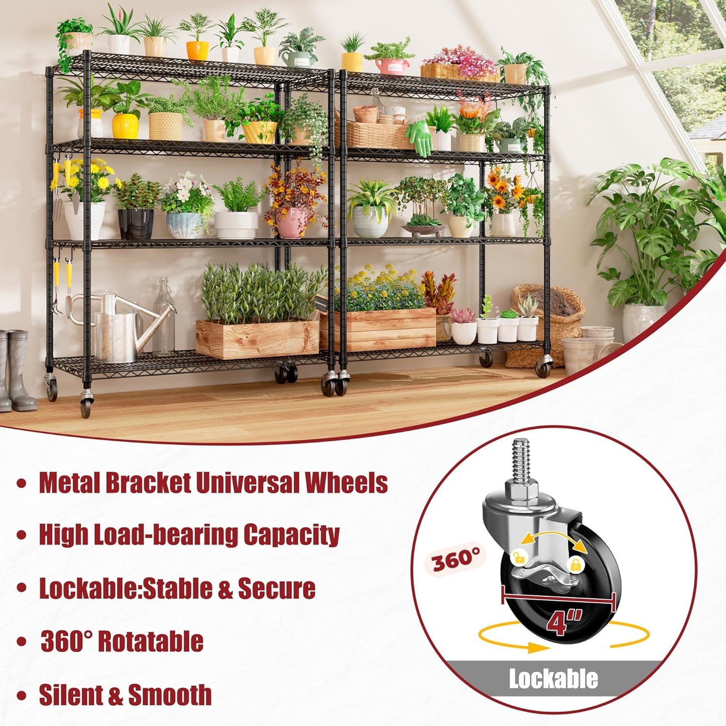 PrimeZone 2 Packs 55.5" W x 24" D x 80" H Heavy Duty Wire Storage Shelves with Wheels, 4 Tier Adjustable NSF Certified Garage Shelving Unit, Rolling Metal Organizer Shelf Rack for Warehouse, Pantry