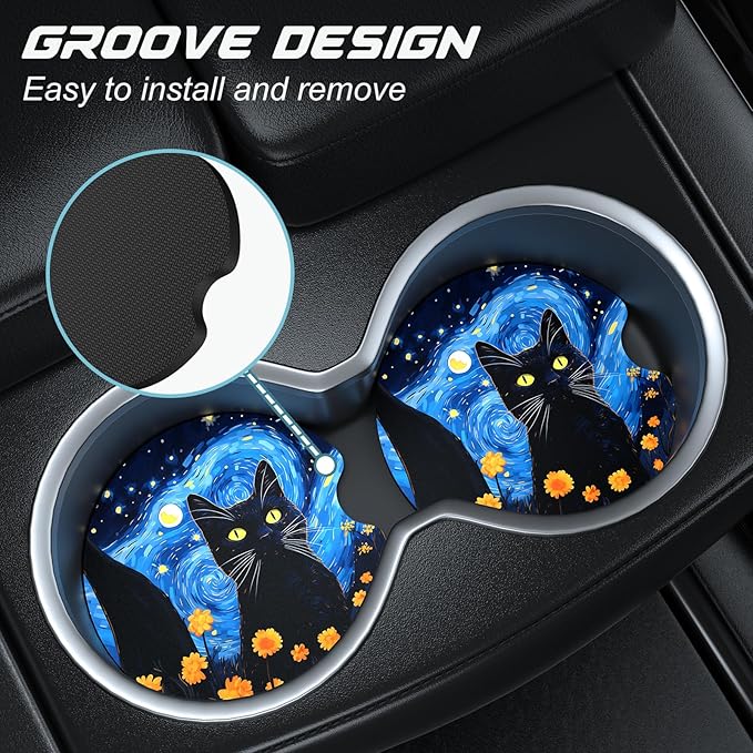 Car Cup Holder Coasters, 2 Pack Universal Auto Anti Slip Insert Coaster with A Finger Notch, Cute Car Assecories for Women Men, Cup Mat for Most Interior, Starry Sky Cat