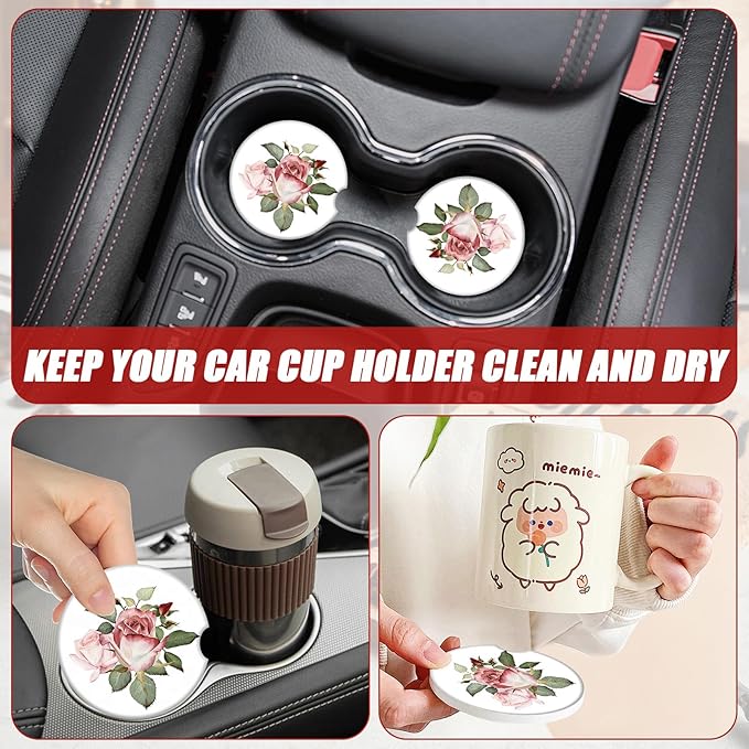 Watercolor Rose Car Coasters for Cup Holders, Vintage Floral Absorbent Ceramic Car Coaster Car Cup Holder Coaster Car Accessories for Women Men (2 Pack)