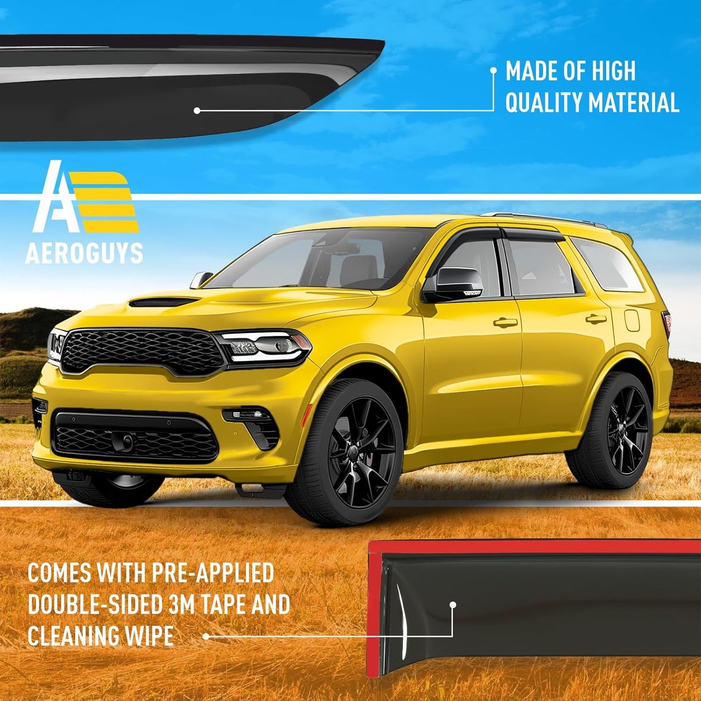 Extra Durable Window Deflectors Tape-On Window Visors Rain Guards Fit for Dodge Durango 2011-2025, Sun Visors, Wind Vent for Shades, Exterior Car Accessories - 4pcs. AG0799