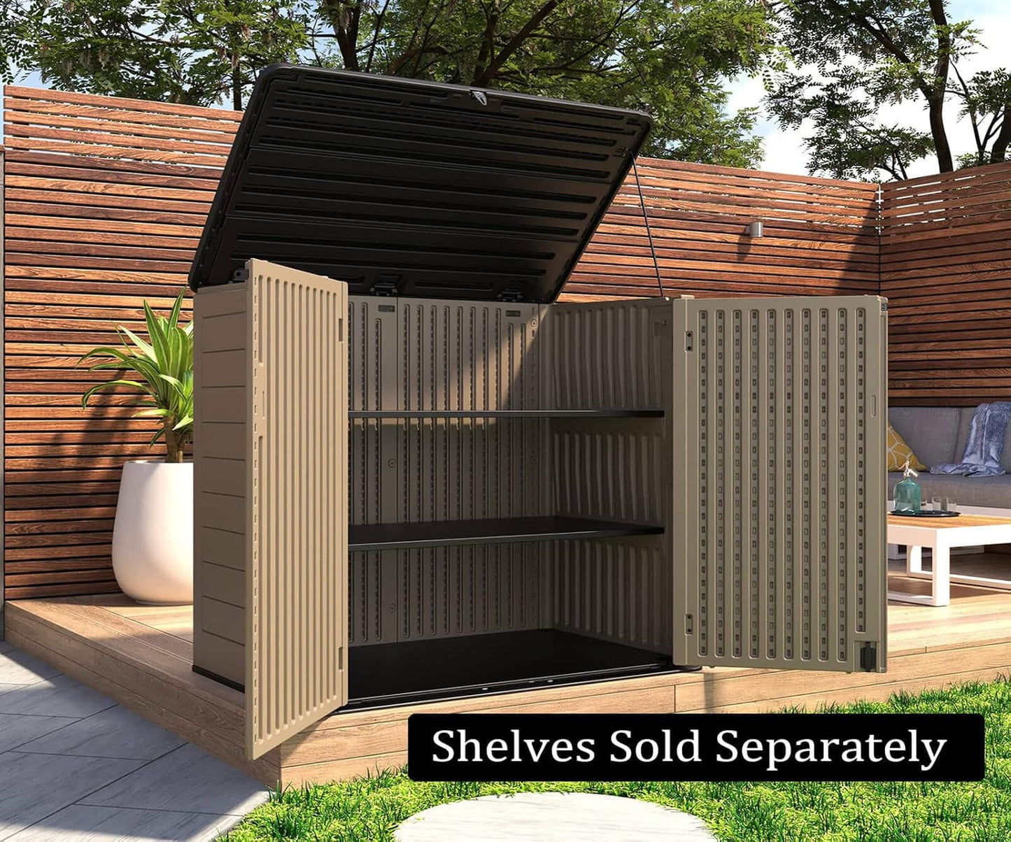 HOMSPARK Storage Shed Weather Resistance, Multi-Purpose Outdoor Storage Cabinet for Backyards and Patios, Horizontal Storage Shed for Lawnmower, Patio Accessories (Coffee, X Large - 48 cu.ft)