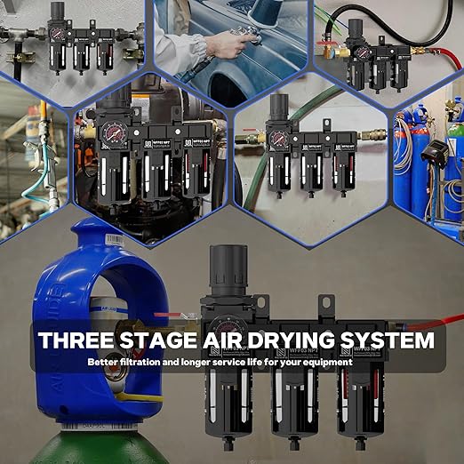 NEWPO 3/8" NPT Air Drying System for Water Separator,3 Stage Compressed Air Filter Regulator Combo, 5&0.5&0.01 Micron Filter Cartridge,Semi-Auto Drain, Metal Bracket-Black