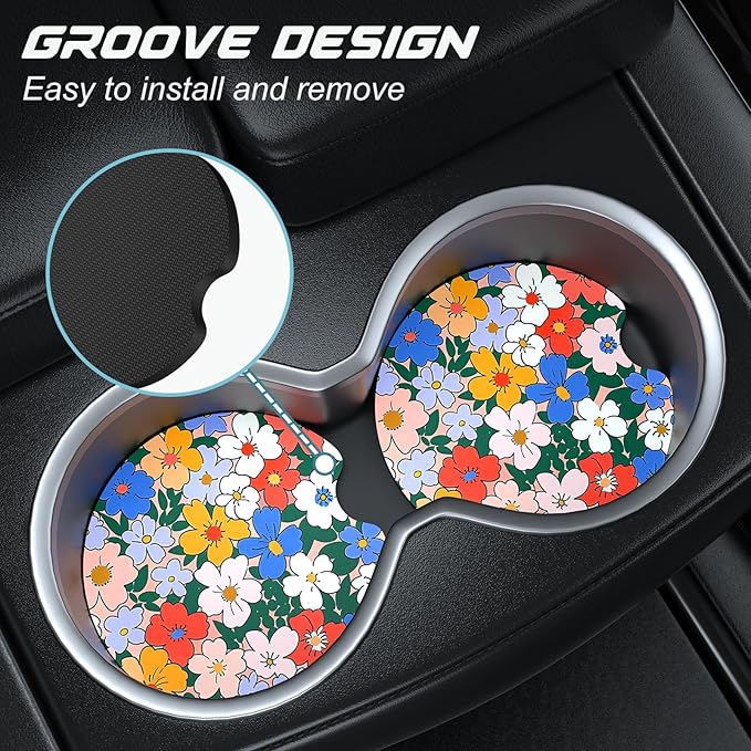 Car Cup Holder Coasters, 2 Pack Universal Auto Anti Slip Insert Coaster with A Finger Notch, Cute Car Assecories for Women Men, Cup Mat for Most Interior, Vintage Flowers