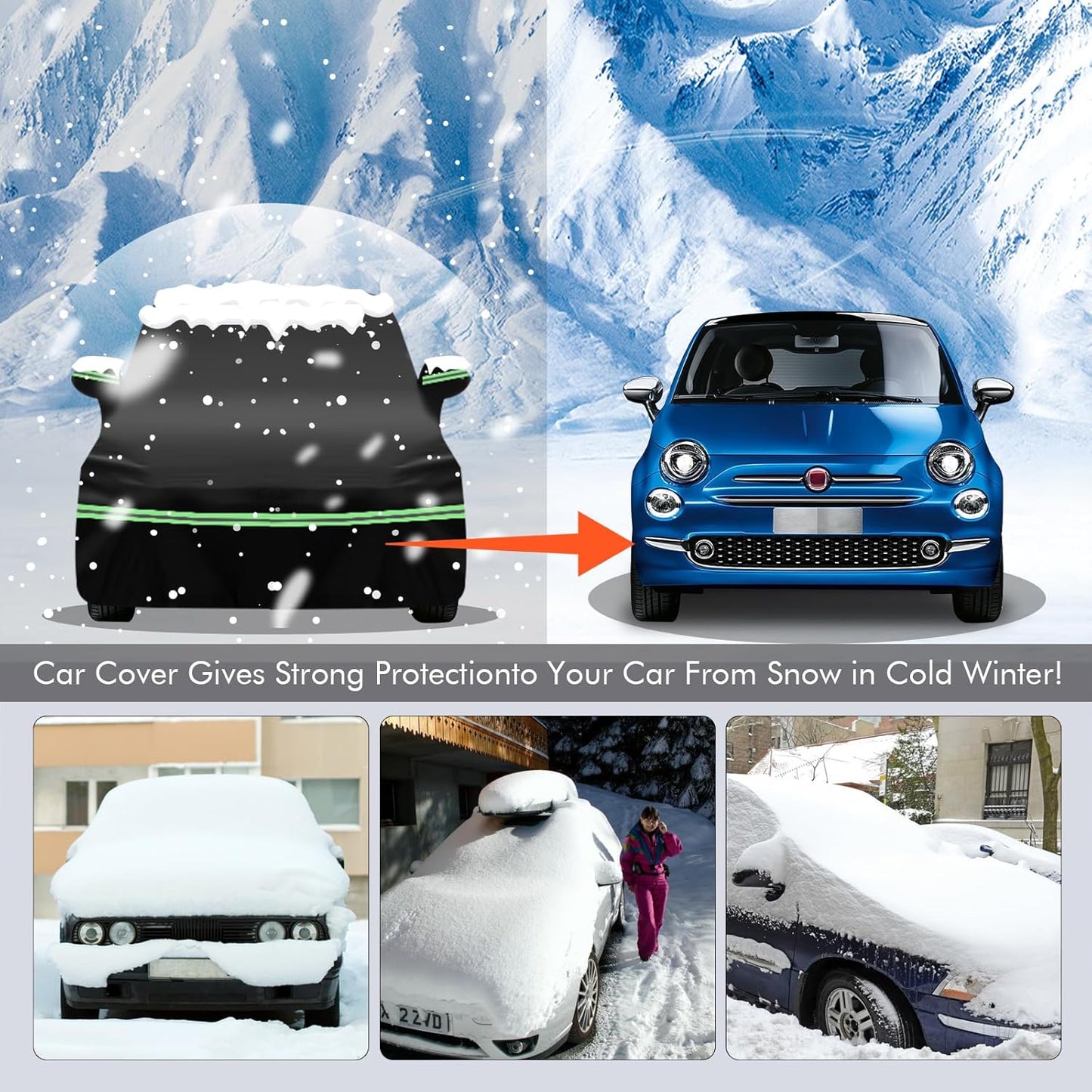 Replace for 2007-2023 Fiat 500/500C Car Cover 210D Outdoor Waterproof UV Snow Rain Protection, with Cotton Layer, Zipper Door, Reflective Strip, Storage Bag, for Abarth Turbo Sport Lounge Pop