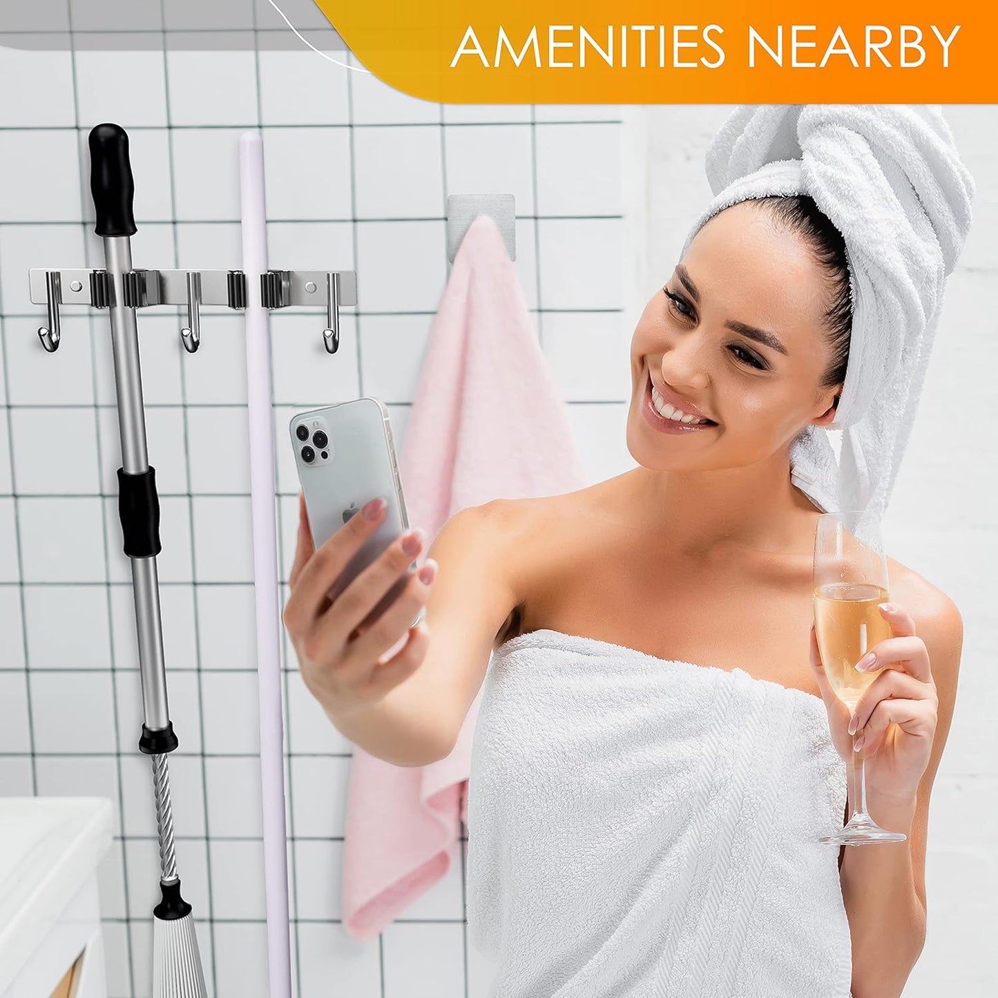 Heavy Duty Broom and Mop Holder Wall Mounted with 2 Rubber Grip Slots & 3 Utility Hooks – SUS304 Stainless Steel, Waterproof, Self Adhesive or Drill Mount, for Garage, Laundry, Kitchen & Closet Use