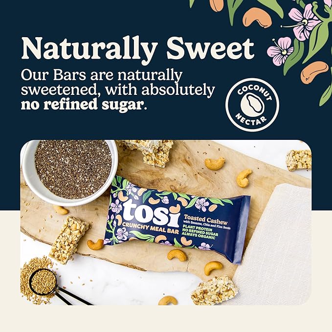 Tosi Meal Bars - Toasted Cashew, Crunchy Nut & Seed Vegan Snack Bars, 14g Plant Based Protein, Organic, Dairy, Soy & Gluten Free, Nutrient-Rich, Omega 3s, Flax and Chia Seeds, 2.4 oz, 12 Pack