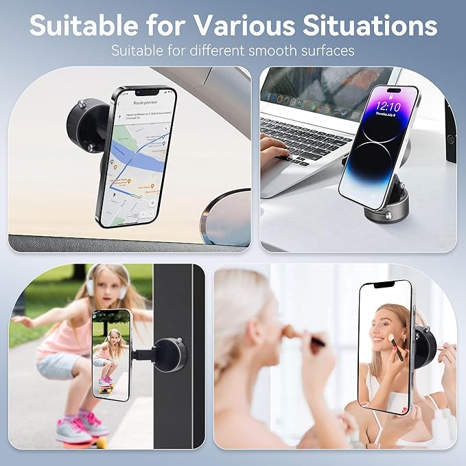 Magnetic Car Phone Mount - Ultra Strong Vacuum Suction Phone Holder for Dashboard/Windshield, Foldable 360° Adjustable Car Phone Mount Compatible with iPhone 16/15/14 & All Smartphones-817001B