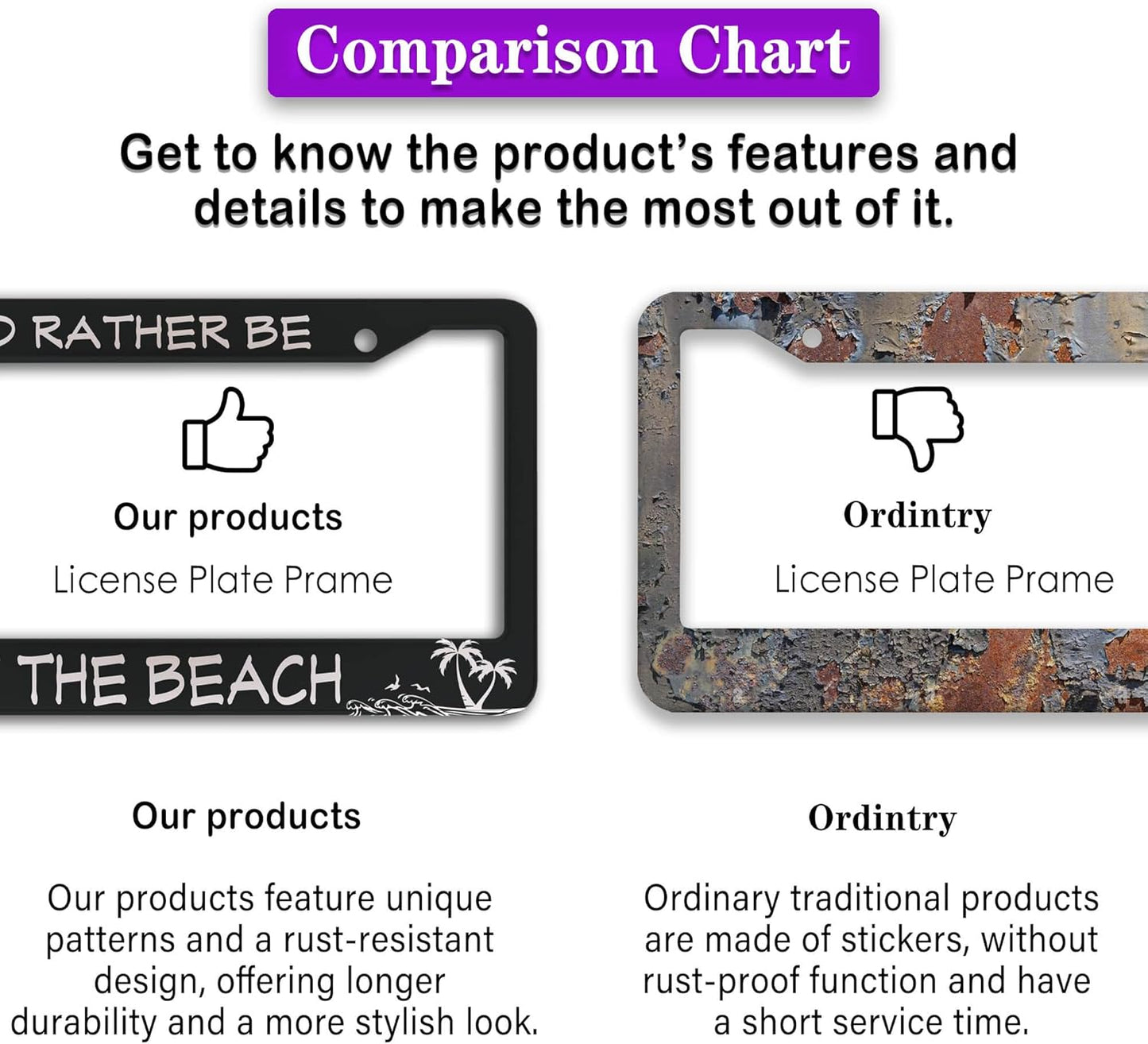 License Plate Frames Black and White License Plate Covers I'd Rather Be at The Beach Aluminum Metal Car Accessory 2 Pack with Screw Covers Set