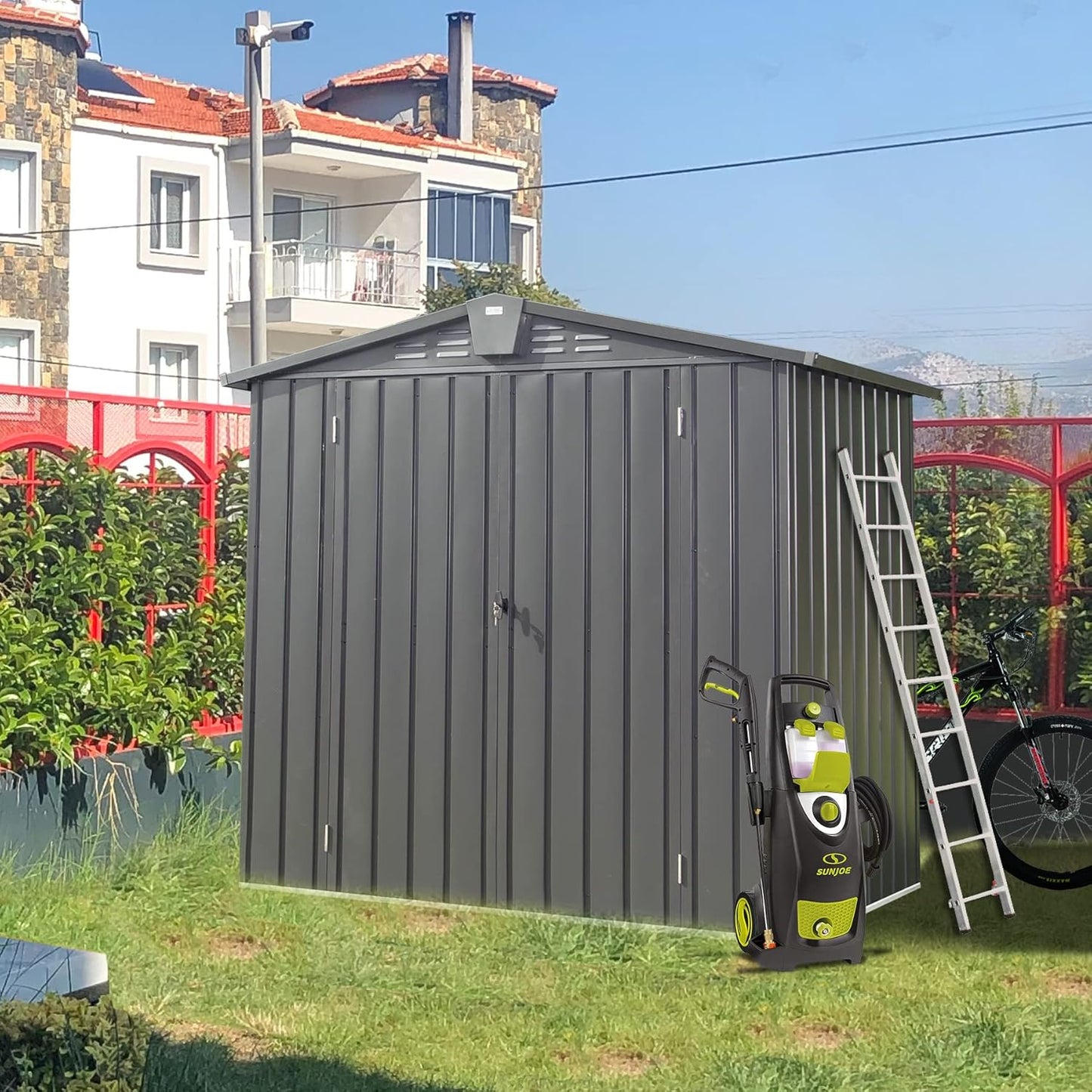 Domi 10โ x 8โ Outdoor Storage Shed, Metal Sheds Tool Storage Gable Roof with Lockable Door & Air Vents, Outdoor Galvanized Steel Sheds for Backyard,Garden,Patio,Lawn