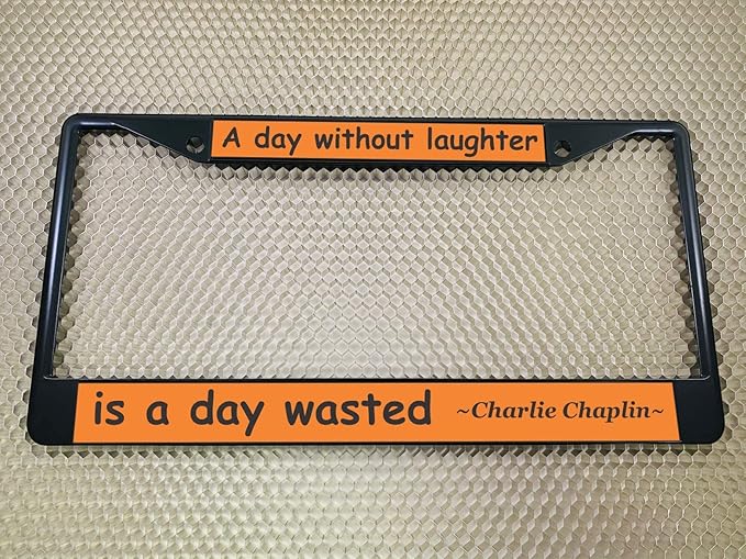 Custom Personalized Black Powder-Coated Metal Laser Engraved Standard Size - Car/Automobile License Plate Frame with Free caps - Orange/Black Text (Qty: 1 Frame)