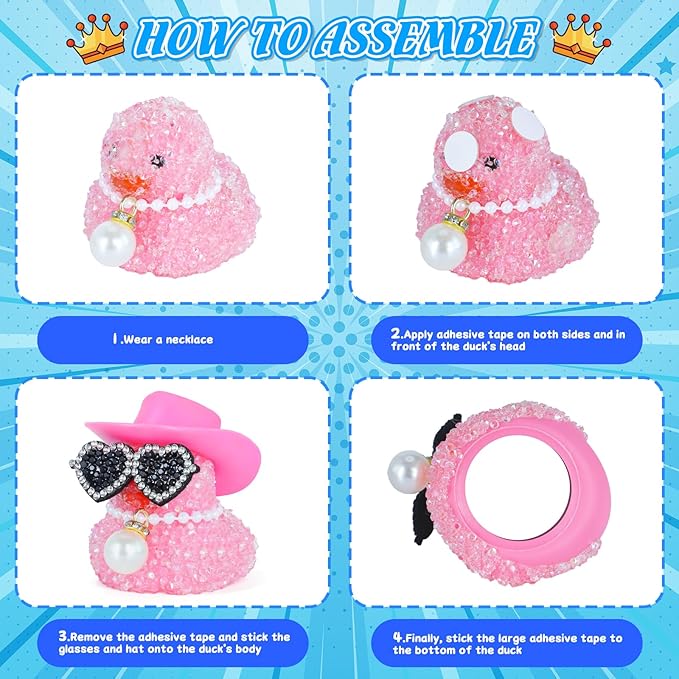 BOZILY Pink Diamond Rubber Duck Car Dashboard Decor with Cowboy Hat, Heart Sunglasses, Pearl Necklace, Squeaky Rubber Duck Ornament for Cool Car Accessories, Office and Home Decor