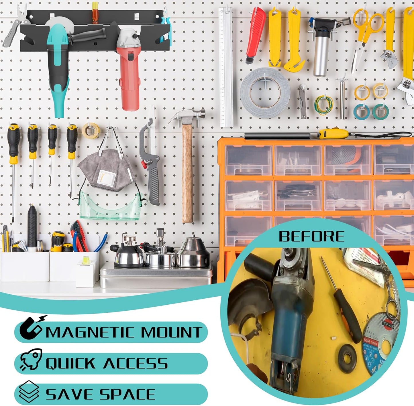 ULIBERMAGNET Angle Grinder Holder, Solid Steel Utility Storage Rack,Heavy Duty Wall Mount Storage Metal Shelf Holder for Angle Grinders, Cutters, Polishers,Screwdriver