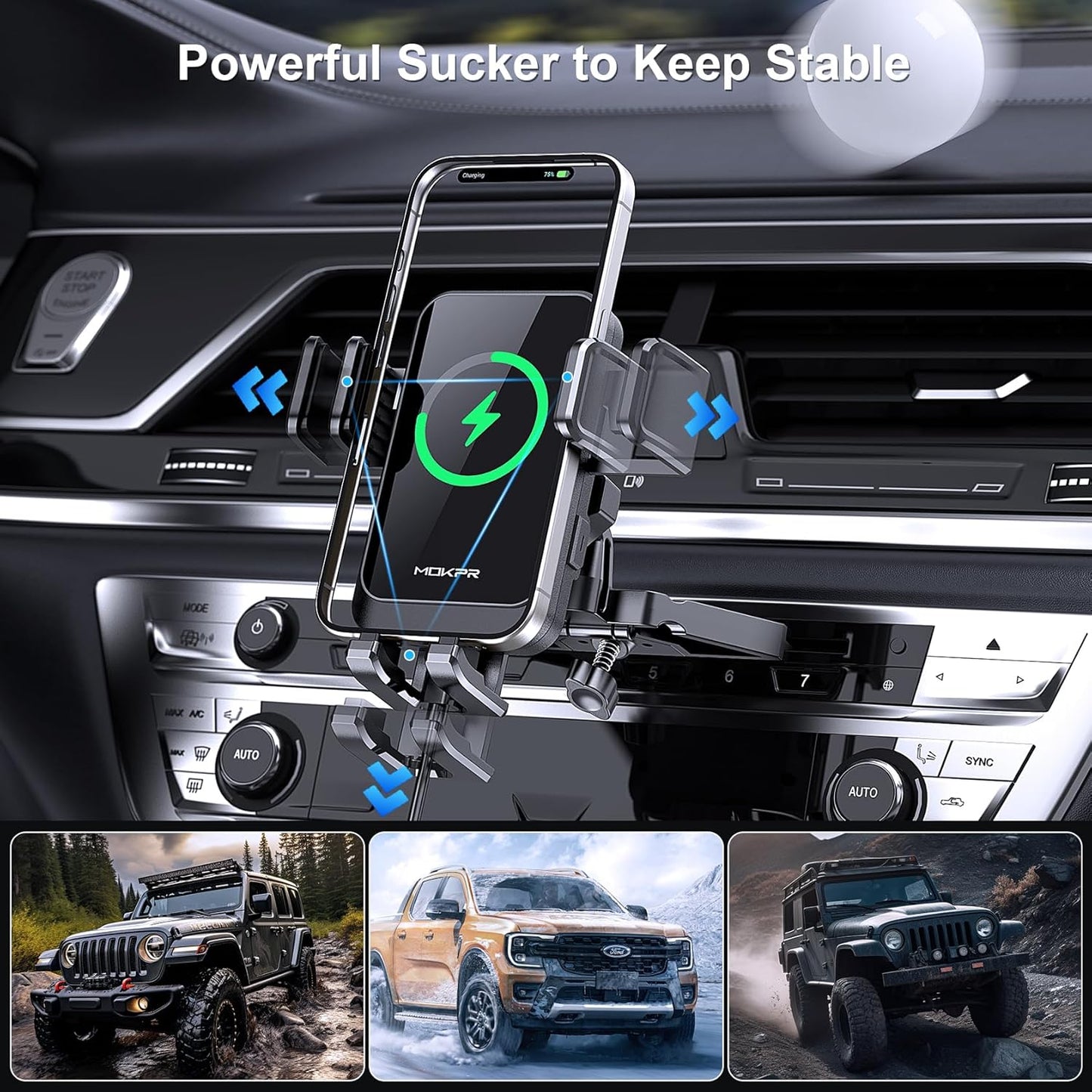 Wireless Car Charger, MOKPR 15W Fast Charging Auto Clamping CD Slot Air Vent Car Phone Holder with LED Light Car Charger for iPhone 16/15/14/13/12 Pro Max Plus, Samsung S23/S22/S21,etc