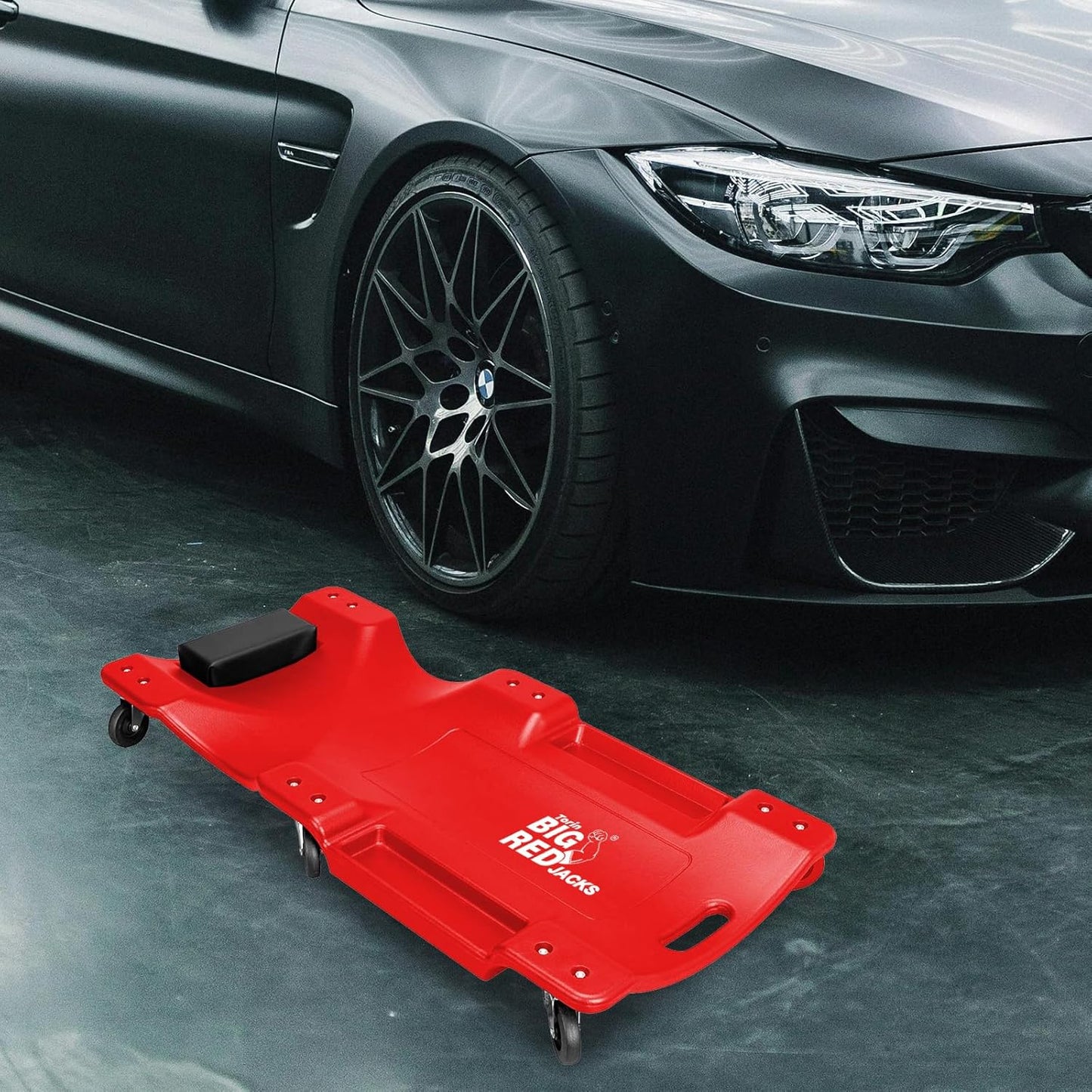 BIG RED TRP6240 Torin Blow Molded Plastic Rolling Garage/Shop Creeper: 40" Mechanic Cart with Padded Headrest, Dual Tool Trays and 6 Casters, Red