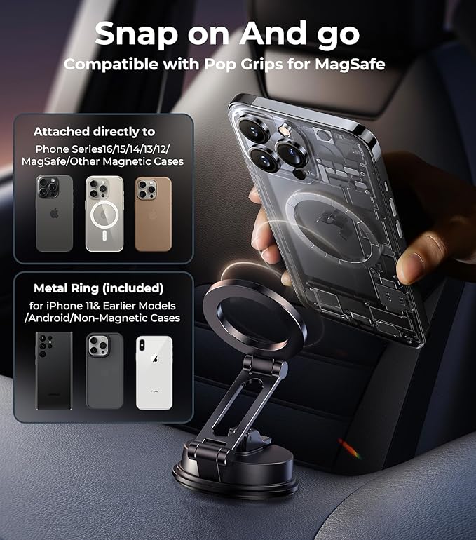 【Vacuum Suction Folding Car Mount】 Magnetic Car Phone Holder for magsafe, Aerospace Alloy Arm, Best Dashboard/Windshield/Screen Holder for Your Car/Tesla/Gym/Mirror/Shower/Smooth Surface/iPhone