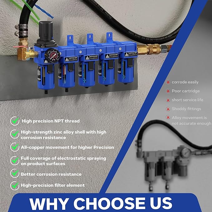 3/8'' NPT 5 Stage Air Dryer for Compressor,5 &0.01 Micron Filter Cartridge Air Drying System,Triple Desiccant Dryers & Air Regulator,Metal Bowl, Semi-Auto Drain,Industrial Grade-Blue