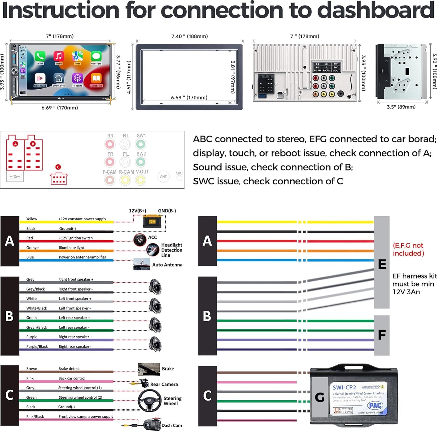 PLZ 7" QLED Wireless Double Din Car Stereo - Apple CarPlay & Android Auto, 240W 4.2CHN, 2 Subwoofers Outputs, SWC, Bluetooth, FM/AM Car Radio, Backup Camera