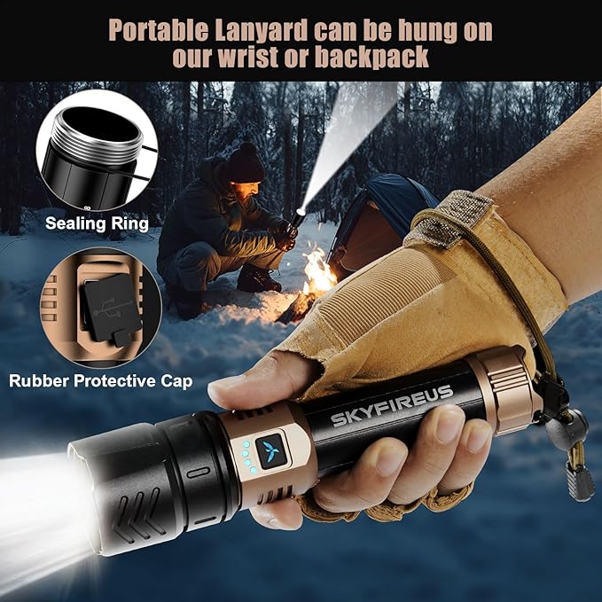 SKYFIRE Rechargeable Flashlight High Lumens,10000mAh Super Bright Flashlight,Zoomable,Four Modes,Waterproof LED Flash Light for Camping Essentials,Outdoor and Home Emergencies
