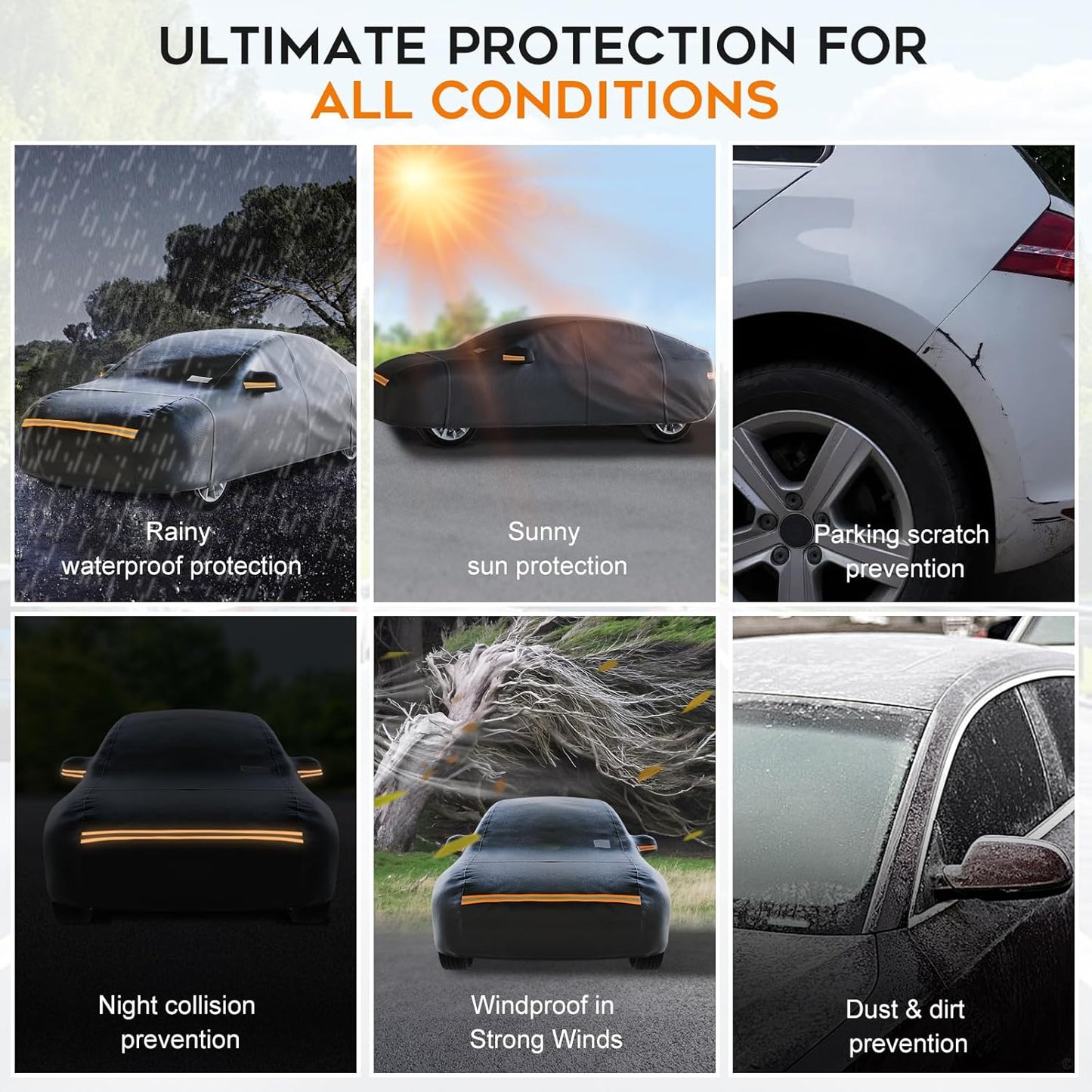 Hatchback Car Cover Waterproof All Weather for Automobiles,Outdoor Heavy Duty Full Exterior Covers with Zipper Door, Rain Sun Snow Dust UV Protection, Windproof Straps & Reflective Strips(Up to 177")