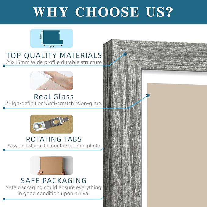 8x8 Picture Frames Set of 4, Made of Glass and Grey Wooden Frame - Display Picture 6x6 with Mat or 8 x 8 Without Mat, 8 by 8 Photo for Wall or Tabletop