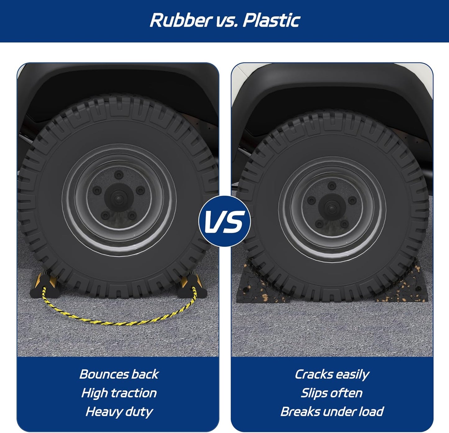 Heavy Duty Rubber Wheel Chock, Non-Slip Tire Stopper with Durable Nylon Rope, for Cars, Trucks, RVs, and Aircraft, 1 Pair