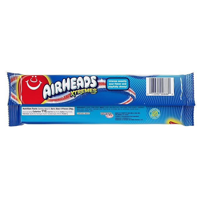 Airheads Candy, Xtremes Belts, Bluest Raspberry Flavor, Sweetly Sour, Non-Melting, Movie Theater, 3oz Packs, Box of 12 Packs