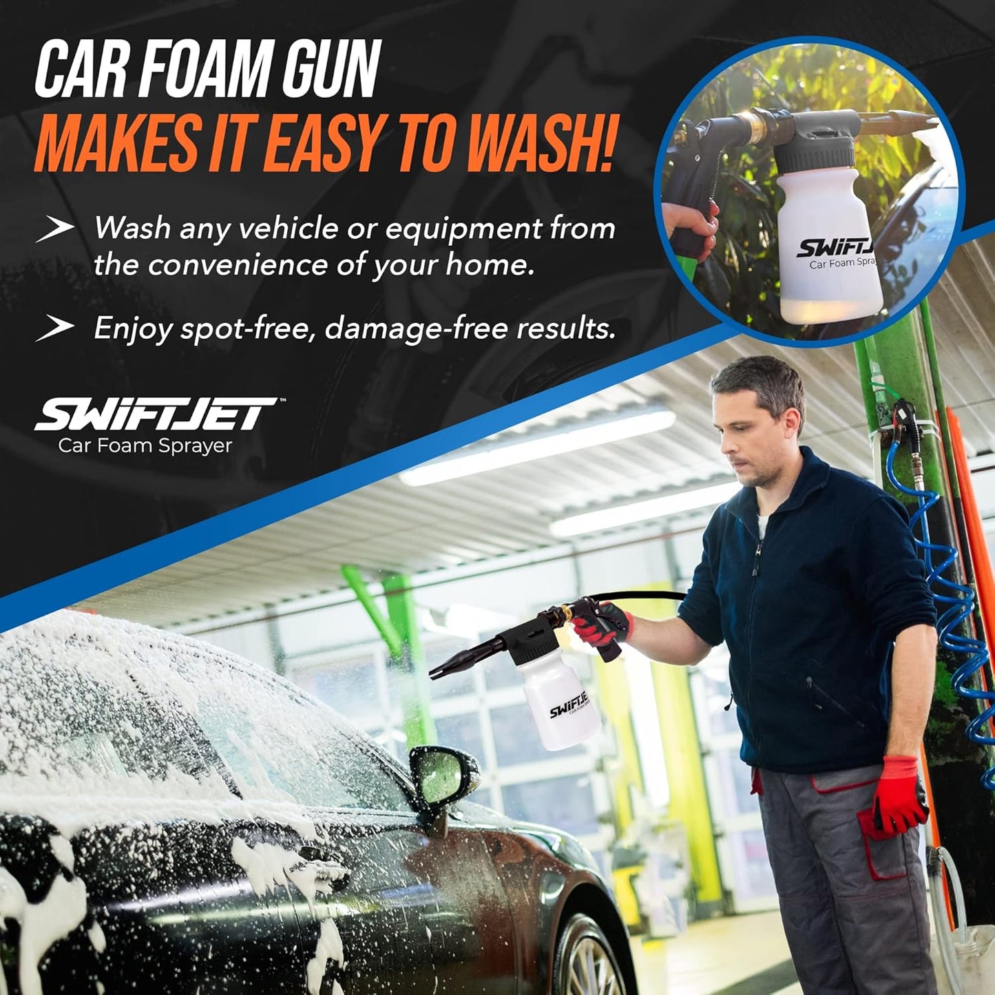 SwiftJet Car Wash Foam Sprayer Gun with Microfiber Wash Mit - Adjustable Water Pressure & Soap Ratio Dial - Foam Cannon Attaches to Any Garden Hose (Foam Sprayer with Wash Mit (Black))
