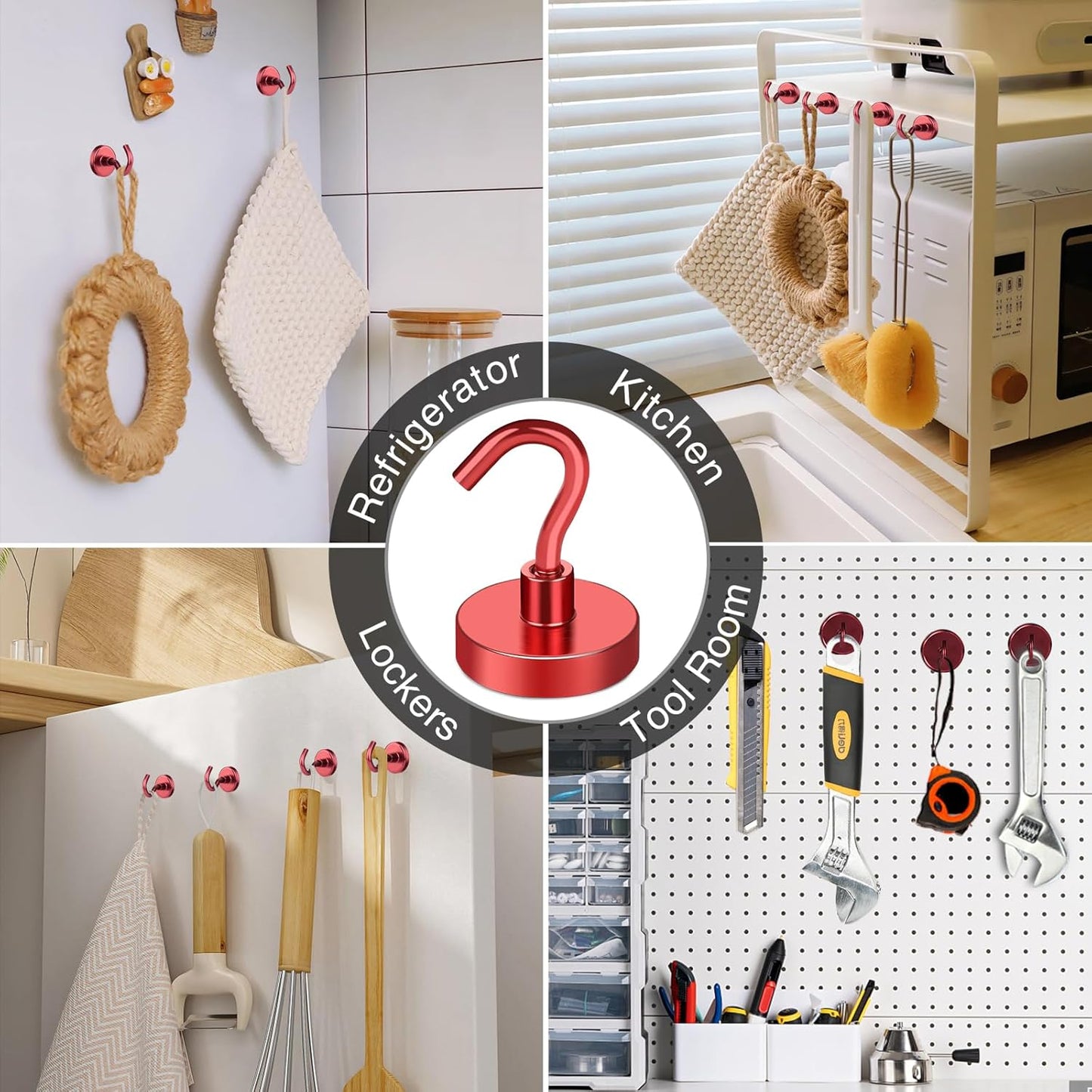 MIKEDE Magnetic Hooks Heavy Duty, 40 Lbs Magnet with Hooks for Cruise Cabins, Strong Magnets Neodymium for Hanging, Magnetic Wall Hooks for Refrigerator, Locker, Workplace(Red, 4 Pack)