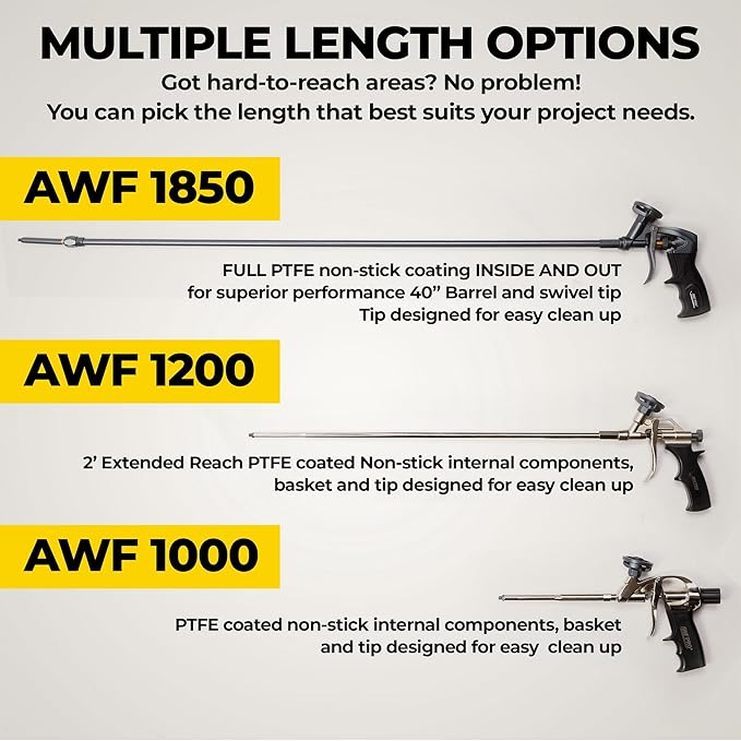 AWF PRO Spray Foam Gun 2' Long Nozzle, High Precision, Adjustable Flow Control, Contractor-Grade Pro Applicator for Insulating Foam Sealant, Pack of 2