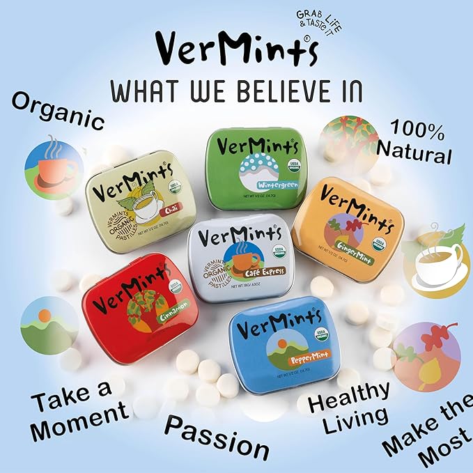 VerMints Organic Breath Mints Café Express - Real Ingredients, Lasting Coffee Flavor - Travel Size Tins - Non-GMO, Nut Free, Gluten Free, Vegan & Kosher Coffee Candy - .63oz/18g (Pack of 12)