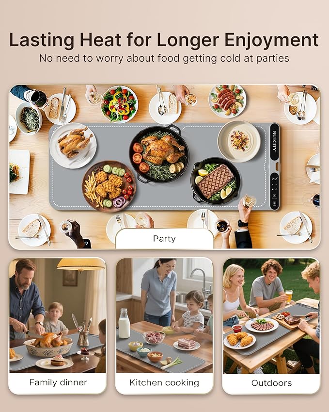 Food Warming Mat – Extra Large (40"x15"), 550W | Ideal for holidays, family gatherings, buffets. Features 7 temperature settings, child safety lock, 8-hour timer, and includes a heat-resistant mat.