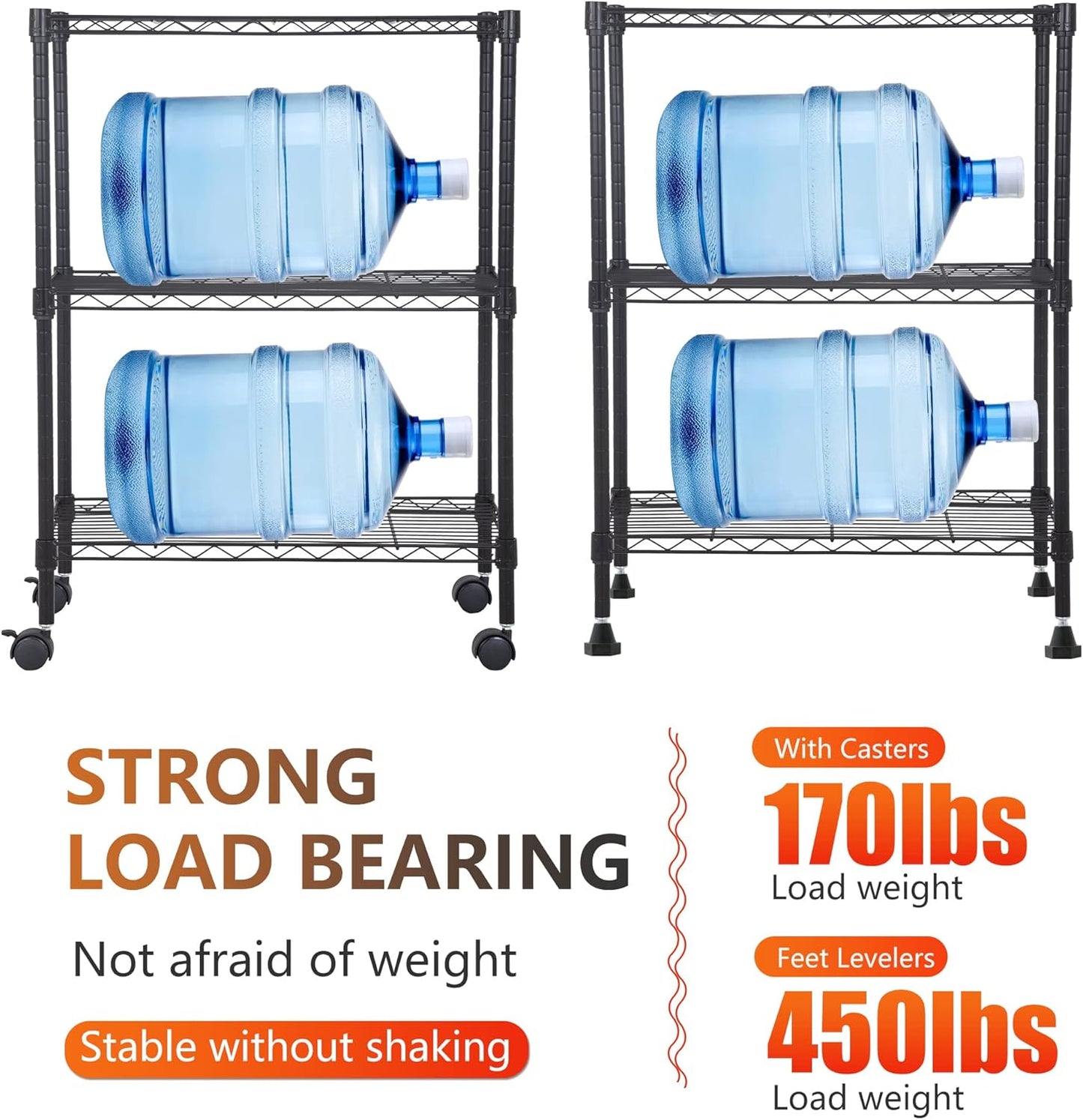 BestOffice 3-Tier Adjustable Wire Shelving Storage Shelves Heavy Duty Shelving Unit with Wheels for Small Places Kitchen Garage Balcony,Black